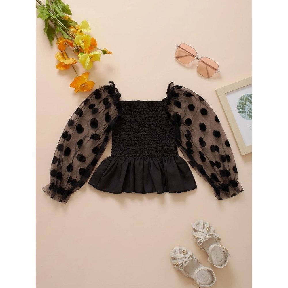 NEW Girls Shirt Contrast Mesh Lotus Leaf Bands Elastic Dots Leisure Size 90